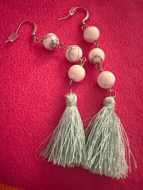 Light Blue Tassel and Marble Bead Drop Earrings -